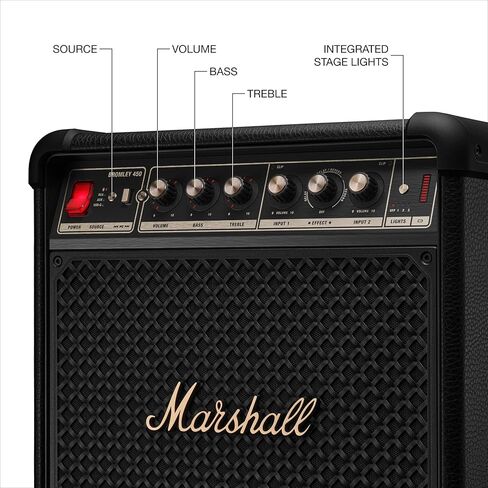 Marshall Bromley 450 Portable Party Speaker - Loud 360° Sound with Bass EQ Controls | 40+ Hours Playtime | Bluetooth, 3.5 mm AUX, RCA, Microphone, Instrument Inputs | LED Lights - Black and Brass in Saudi Arabia