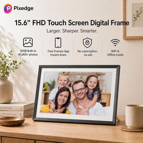 إطار صور رقمي واي فاي مقاس 15.6 بوصة، إطار صور ذكي Frameo بسعة تخزين كبيرة 32 جيجابايت، شاشة لمس 1080P IPS FHD، استخدام مزدوج للحائط/الطاولة، مشاركة فيديو الصور لاسلكيًا، لعيد ميلاد العائلة in Kuwait