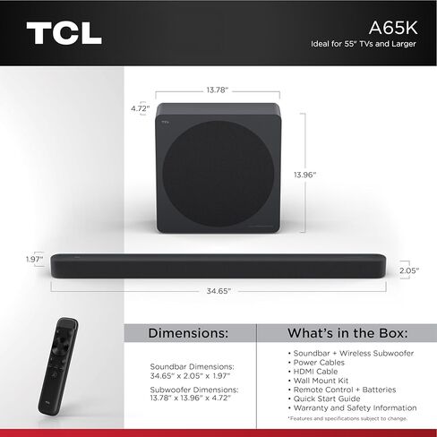 TCL A65K Design Series 3.1.2 Channel Soundbar with Audio by Bang & Olufsen, Dolby Atmos, and Wireless Subwoofer in Saudi Arabia