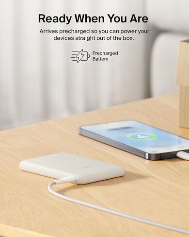 بنك الطاقة Belkin MagSafe بقدرة 5000 مللي أمبير في الساعة، ظهر مغناطيسي معتمد Qi2 15 وات فائق النحافة يدعم ملحقات MagSafe أثناء التنقل، حزمة بطارية لاسلكية مع كابل USB C لهاتف iPhone 17 وPixel 10 والسفر - رملي in Saudi Arabia