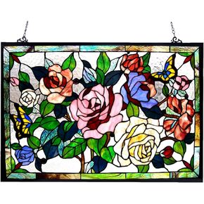 Chloe Lighting Ruthie Tiffany Featuring Roses & Butterflies 27x19 Stained Glass Window Panel, Multi-Color