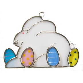 White Rabbit Stained Glass Bunny with 4 Painted Eggs Sucatcher