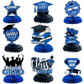 2024 Graduation Party Decorations 9Pcs, Navy Blue Graduation Honeycomb Centerpieces, Congrats Grad Table Toppers for Graduation Party, Black and Blue Class of 2024 Graduation Party Table Sign in Kuwait