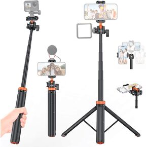 UURIG 52" Extendable Phone Tripod, Selfie Stick Phone Tripod Stand with 2 in-1 Phone Clip,360° Ball Head Camera Tripod with 1/4 Standard Screw for iPhone Sony Canon GoPro