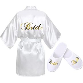 Jiuguva 2 Pcs Bridal Wedding Slippers Robe Set Bridal Satin Robe Bride Robe White Bride Slippers for Bachelorette Party