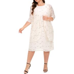 Women's Plus Size 2 Piece Mother of The Bride Dress Jacket Set Tea Length Sequin Lace Dress Formal Evening Gowns
