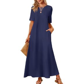 MEROKEETY Women's 2024 Summer Short Sleeve Maxi Dress Casual Crewneck Swing A Line Long T Shirt Dress with Pockets