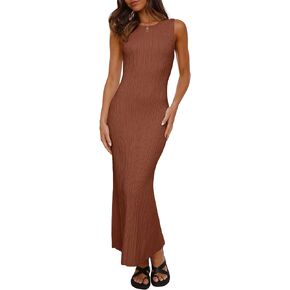 Ferlema Womens 2024 Sweater Dress Sleeveless Crew Neck Slim Fit Ribbed Knit Bodycon Elegant Maxi Dress
