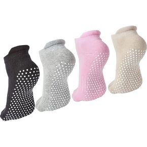4 Pairs Non Slip Yoga Socks Women Grips Socks for Pilates Barre Home Hospital Anti Skid Socks for Adult Men