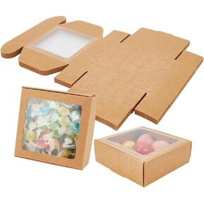 BENECREAT 36 Packs 3x3x1.2 Inch Brown Kraft Paper Box with Clear Windows Foldable Paper Gift Box Goodies Candy Box Dessert Box for Party Wedding Bakery Packaging