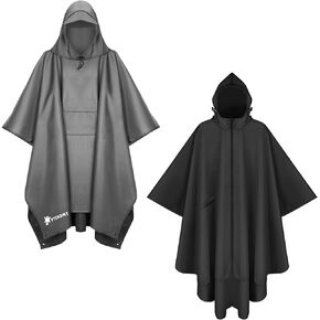 PTEROMY Hooded Rain Poncho with Pocket(Grey)+Hooded Rain Poncho with Pocket and Zipper(Black)