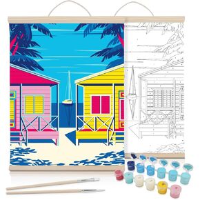 طلاء TAVTAVOLOZZA بالأرقام للبالغين والمبتدئين والأطفال، مجموعة طلاء منازل الشاطئ مقاس 12 × 16 بوصة، مجموعة طلاء أكريليك DIY مع إطار خشبي، وحبل قطني قابل للتعليق وفرش in Kuwait