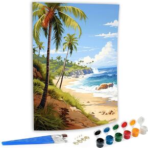 SKRYUIE Paint by Numbers Kit for Adults Beginner Beach, Acrylic Coconut Trees Oil Painting by Numbers Kits with PaintBrushes Paintwork Art Crafts Canvas for Home Decor 16x20 inch 13