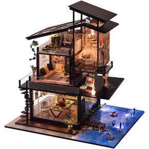 Kisoy Miniature DIY Dollhouse Kit with Furniture Accessories Creative Gift for Lovers and Friends (Valencia Coast) with Dust Proof Cover and Music Movement