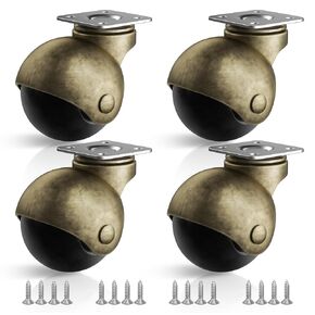 Furniture Wheels 4 Pack, 1.5 Inch Ball Caster Wheels, Brass Casters Set of 4, Plate Swivel Small Castor Wheels for Furniture, Kitchen, Cabinet, Table, Max Load Capacity 200 LBS(with Screws)