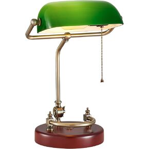 Bankers Lamp, Traditional Green Desk Lamp with Solid Birch Wood Base, Green Glass Antique Library Lamp with Pull Chain Switch, Plug in Vintage Bankers Desk Lamp for Office, Study Room 【E26 Socket】
