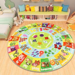 Round ABC Kids Rug Plush, 4' Fluffy Educational Playmat Rug Carpet Alphabet Animal Number Shape Faux Wool Early Learning Carpet for Children Playroom Game Area Playmat Preschool Kindergarten