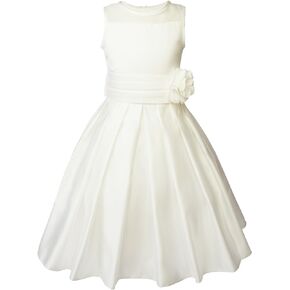 Spring Notion Big Girls Sheer Neckline Satin Tea Length Flower Girl Dress
