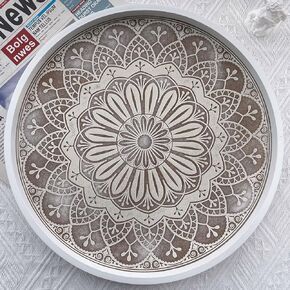 12" Boho Decorative Tray for Home Decor, Round Wood Coffee Table Tray Decor, Rustic Washed Ottoman Tray for Living Room, Small Wooden Carved Circle Serving Tray Centerpiece Décor