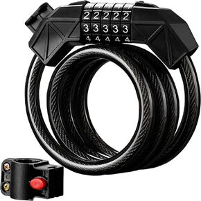 Premium Bike Lock Cable with Combination, 5-Digit Resettable Coiled Security Chain Locks, 4.9Feet Long Anti-Theft Bicycle Lock with Mounting Bracket for Electric Scooter, Motorcycle, Outdoor Equipment
