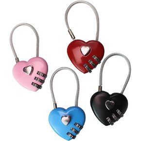 4 Pcs Steel Wire Rope Password Padlock Retro Heart Shape Padlock (Black, Red, Blue, Pink)