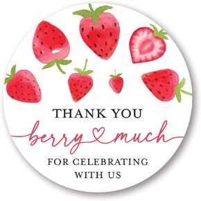 2" Round Strawberry Thank You Faovor Stickers - - Set of 40