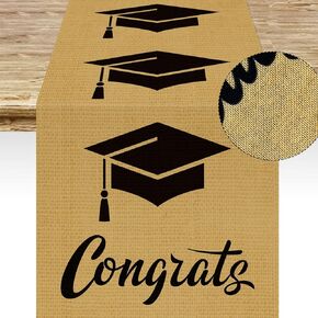 Burlap Graduation Table Runner Decoration 72×13inch Jute Congrats Grad Cap Runners Rustic Table Runner for Grad Party Indoor Outdoor Kitchen Dining Room Home