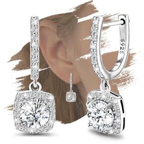 Dangle Hoop Earrings For Women Girls Sterling Silver Huggie Earrings with Princess Cut Square Halo CZ Charm Dangling Drop Cartilage Cuff Earrings Hypoallergenic Jewelry Birthday Wedding Gifts