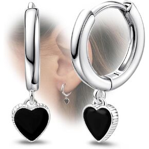 Silver Heart Earrings for Women - Black Heart Hoop Earrings Dainty Minimalist Cute Love Dangle Earrings Hypoallergenic Small Huggie Earring Jewelry Gifts for Women Teen Girls for Mother's Day
