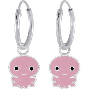 .925 Sterling Silver Octopus Tiny Dangle Hoop Earrings (Hypoallergenic) (Pink)