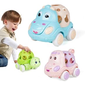 Baby Car Toys for 6-18 Months,Rattle and Roll Infant Soft Rubber Inertia Pull Back Vehicles,3 Pack Push and Go Friction Powered Car Toys,Preschool Learning Gift for 1 2 3 Years Old Boys Girls (A)