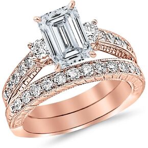 14K White Gold 3 Carat LAB GROWN DIAMOND Three Stone Vintage With Milgrain & Filigree Bridal Set with Wedding Band & Emerald Cut Diamond Engagement Ring (G-H Color VS1-VS2 Clarity 2 Ct Center)