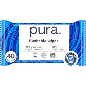 Pura Flushable Wipes 1 x 40 Toilet Wipes, 100% Plastic Free Moist Toilet Tissue, 99% Water, Totally Chlorine Free & Fragrance Free, Sensitive Skin