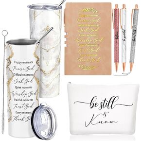 6 Pcs Christian Gifts for Men Women Inspirational Sunday School Gift Blue 20 oz Marble Sign Tumbler Makeup Bag Notepad with Ballpoints Religious Gift for Fathers Day Church Pastor Favor