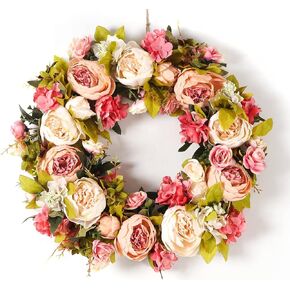 Peony Spring Wreaths for Front Door Outside 23 inch Handmade Summer Wreaths for Front Door Wall Window Decor in All Season(Large)