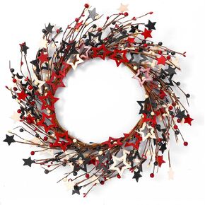 18 بوصة الرابع من يوليو إكليل أحمر أزرق أبيض نجمة خشبية وحلقة التوت إكليل نجمة وطنية للباب الأمامي إكليل يوم الاستقلال المصنوع يدويًا إكليل ريفي إكليل غصين لتزيين يوم العلم التذكاري in Kuwait