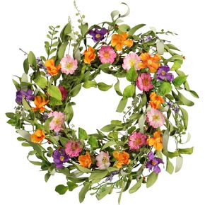 22IN Artificial Spring Summer Wreath with Wild Flowers & Silk Daisies Eucalyptus, UV Resistant, Colorful Wreath - for Spring Summer Indoor Outdoor Home Décor
