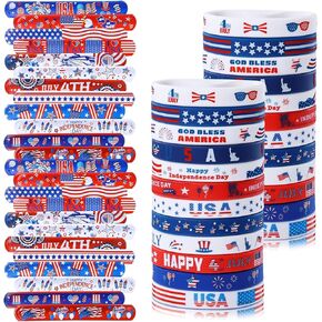 48 قطعة من هدايا حفلات الرابع من يوليو ديكورات وطنية العلم الأمريكي أساور مطاطية أساور معصم مطاطية باللونين الأحمر والأبيض والأزرق لعيد الاستقلال in Kuwait