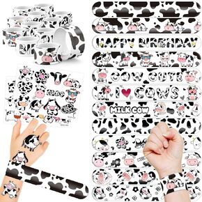 48PCS Cow Party Favors - 24PCS Tattoos & 24PCS Slap Bracelets, Cute Milk Baby Shower Themed Birthday Party Supplies, Decorations, Gifts for Girls & Boys, Classroom Prizes
