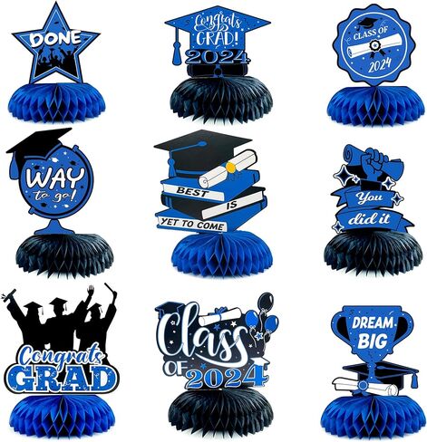 2024 Graduation Party Decorations 9Pcs, Navy Blue Graduation Honeycomb Centerpieces, Congrats Grad Table Toppers for Graduation Party, Black and Blue Class of 2024 Graduation Party Table Sign in Kuwait