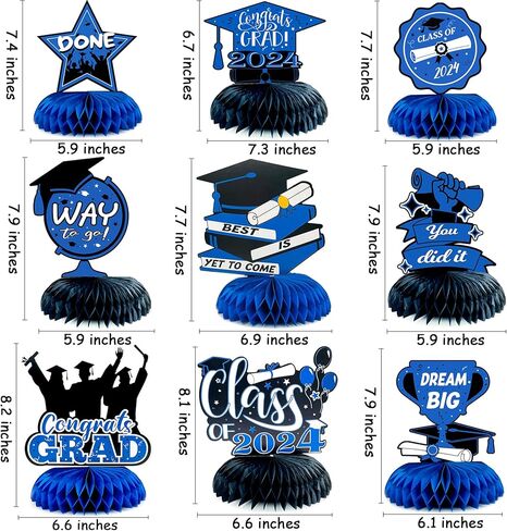2024 Graduation Party Decorations 9Pcs, Navy Blue Graduation Honeycomb Centerpieces, Congrats Grad Table Toppers for Graduation Party, Black and Blue Class of 2024 Graduation Party Table Sign in Kuwait