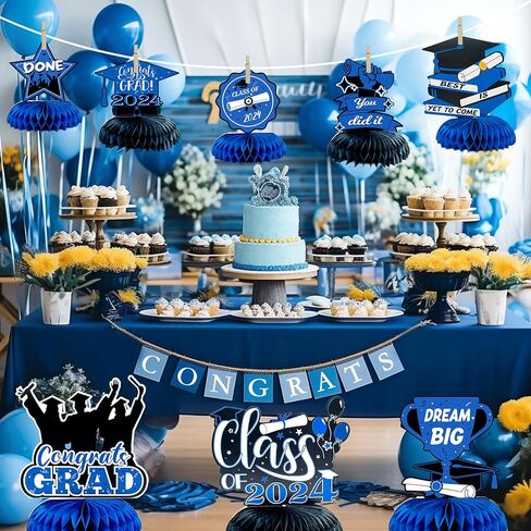 2024 Graduation Party Decorations 9Pcs, Navy Blue Graduation Honeycomb Centerpieces, Congrats Grad Table Toppers for Graduation Party, Black and Blue Class of 2024 Graduation Party Table Sign in Kuwait