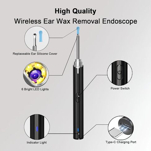 إزالة شمع الأذن، منظف الأذن مع كاميرا عالية الدقة 1296 بكسل، مجموعة تنظيف شمع الأذن مع 6 ملاعق أذن، أداة إزالة شمع الأذن مع مجموعة 8 قطع، كاميرا أذن لأجهزة iOS وiPadOS وAndroid (أسود) in Kuwait