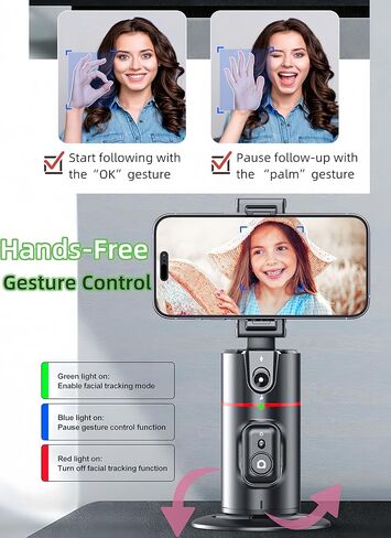 【2 Lights】 360°Rotation Face Auto Tracking Tripod 4''-7'' Phone Holder with Remote Selfie Stick,No App,Gesture Control, for Vlog,Tiktok, Compatible with iPhone Android. FA-CE 2(Light) in Kuwait