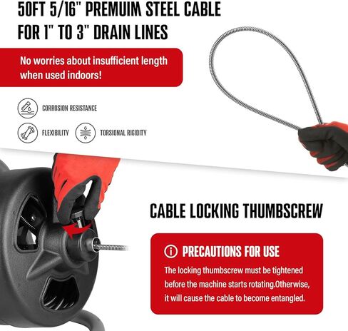 POPULO 50FT×5/16" Drain Cleaner Machine, Electric Drain Auger Drain Snake 50 Ft, For 1"-3" Pipe. With 4 Cutters, Air Foot Switch. in Kuwait