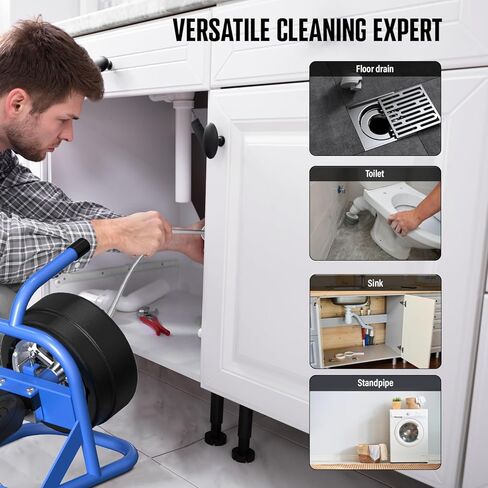 POPULO 50FT×5/16" Drain Cleaner Machine, Electric Drain Auger Drain Snake 50 Ft, For 1"-3" Pipe. With 4 Cutters, Air Foot Switch. in Kuwait