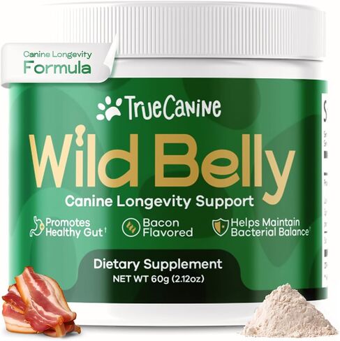 تركيبة Wild Belly TrueCanine لطول العمر للكلاب، 8 سلالات من البروبيوتيك الصحي للكلاب، تحسين الحساسية، ومكافحة الشيخوخة، وصحة الأمعاء للكلاب، بروبيوتيك للكلاب - نكهة لحم الخنزير المقدد الطبيعية in Kuwait