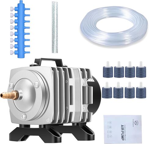 SUNWEN Commercial Air Pump 18/25/46 Watt Single Outlet, 6/8 Valve Manifold for Aquarium, Fish Tank, Fountain, Pond & Hydroponics, 396/635/1030 GPH, Silver/Blue in Kuwait