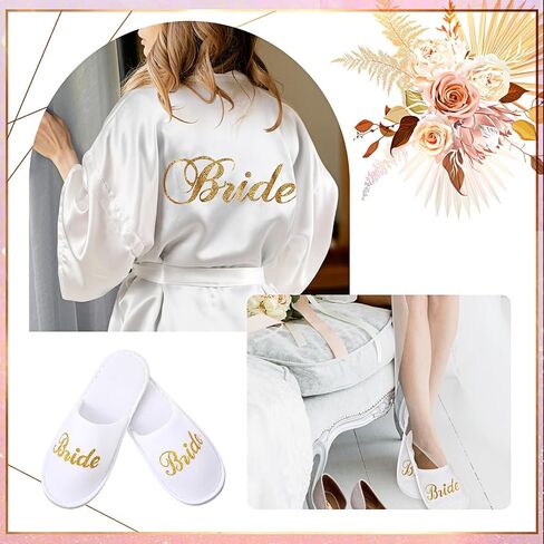 Jiuguva 2 Pcs Bridal Wedding Slippers Robe Set Bridal Satin Robe Bride Robe White Bride Slippers for Bachelorette Party in Saudi Arabia