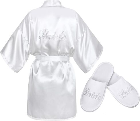Jiuguva 2 Pcs Bridal Wedding Slippers Robe Set Bridal Satin Robe Bride Robe White Bride Slippers for Bachelorette Party in Saudi Arabia